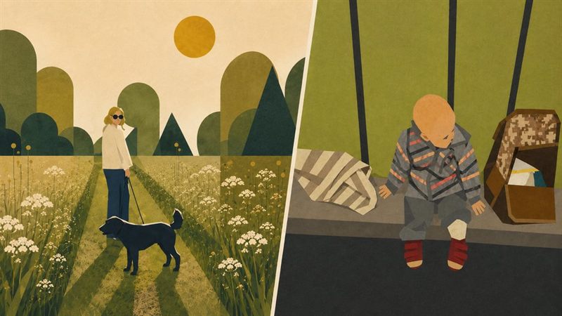 An illustration of my wife walking our dog through a wildflower field, and our child playing